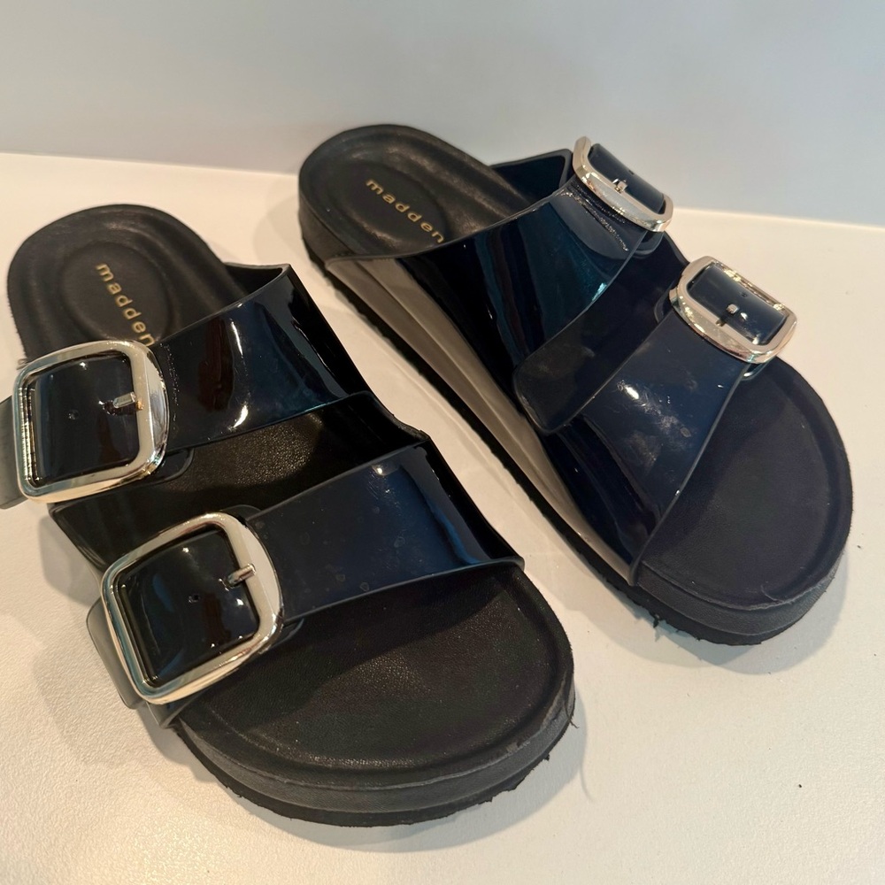 Madden Girl Glossy Black Slides with Metallic Buckles